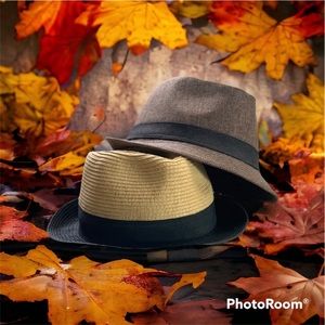 Two panama hats. One natural straw color and one brown linen. Sz Sm/Md